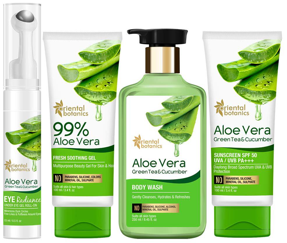 

Oriental Botanics Aloe Vera Green Tea Cucumber Skin Radiance Combo (body wash-100ml fresh smoothing gel - 100ml eye radiance -15ml sunscreen -100ml) (Pack Of 4)