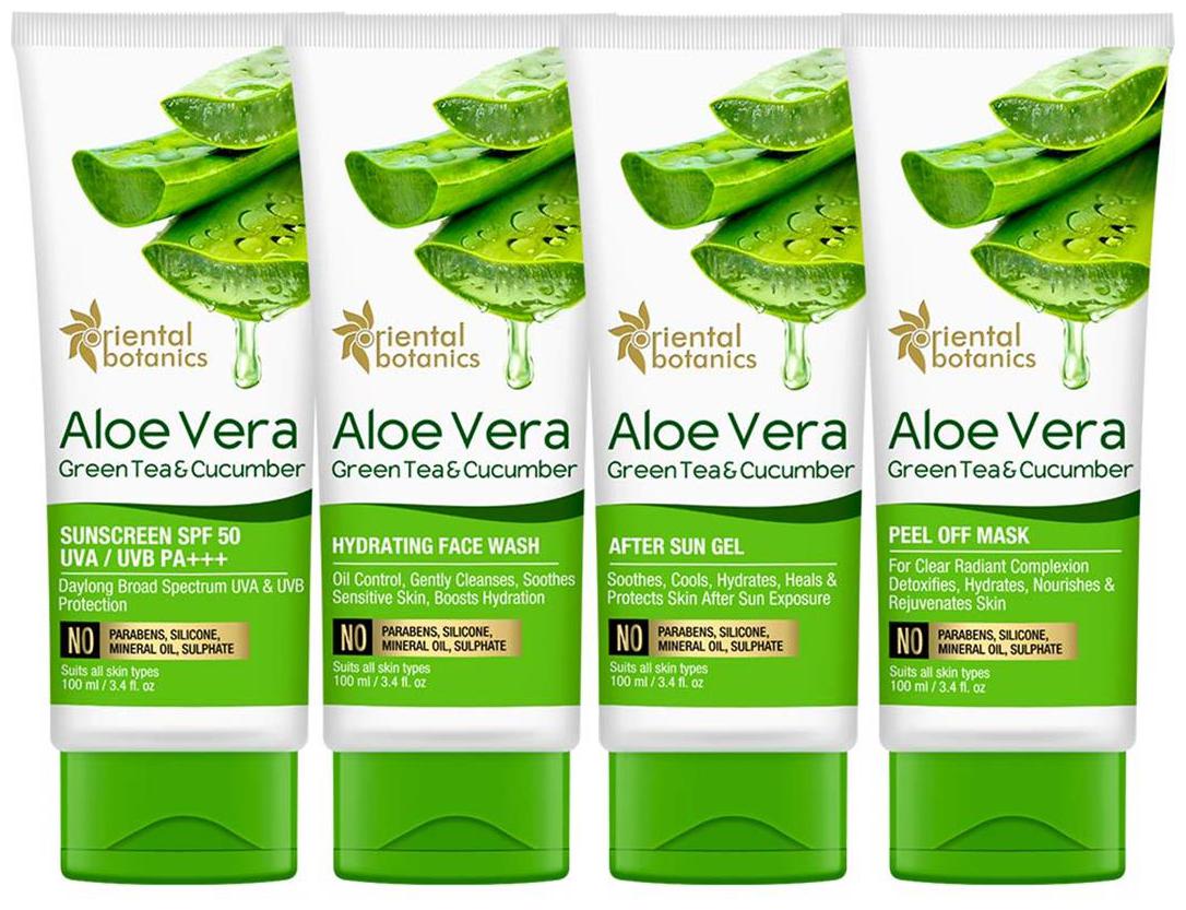 

Oriental Botanics Aloe Vera Green Tea Cucumber Professional Skin Care (sunscreen 100ml face wash 100ml sun gel 100ml peel off mask 100ml) (Pack of 4)