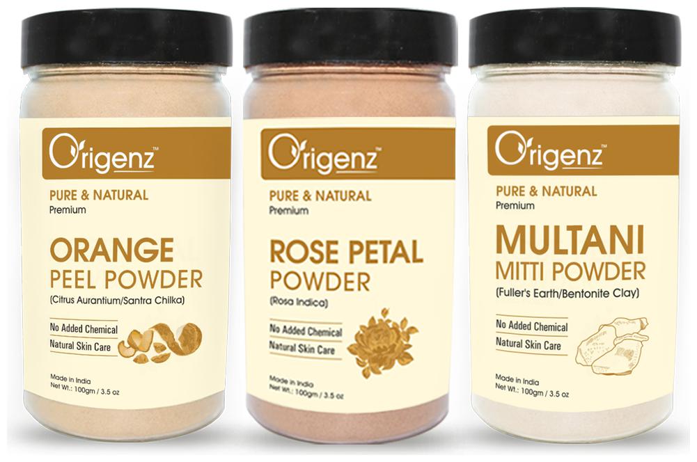 

Origenz Premium Orange Peel Rose Petals Multani Mitti Powder Combo 100g (Pack of 3)