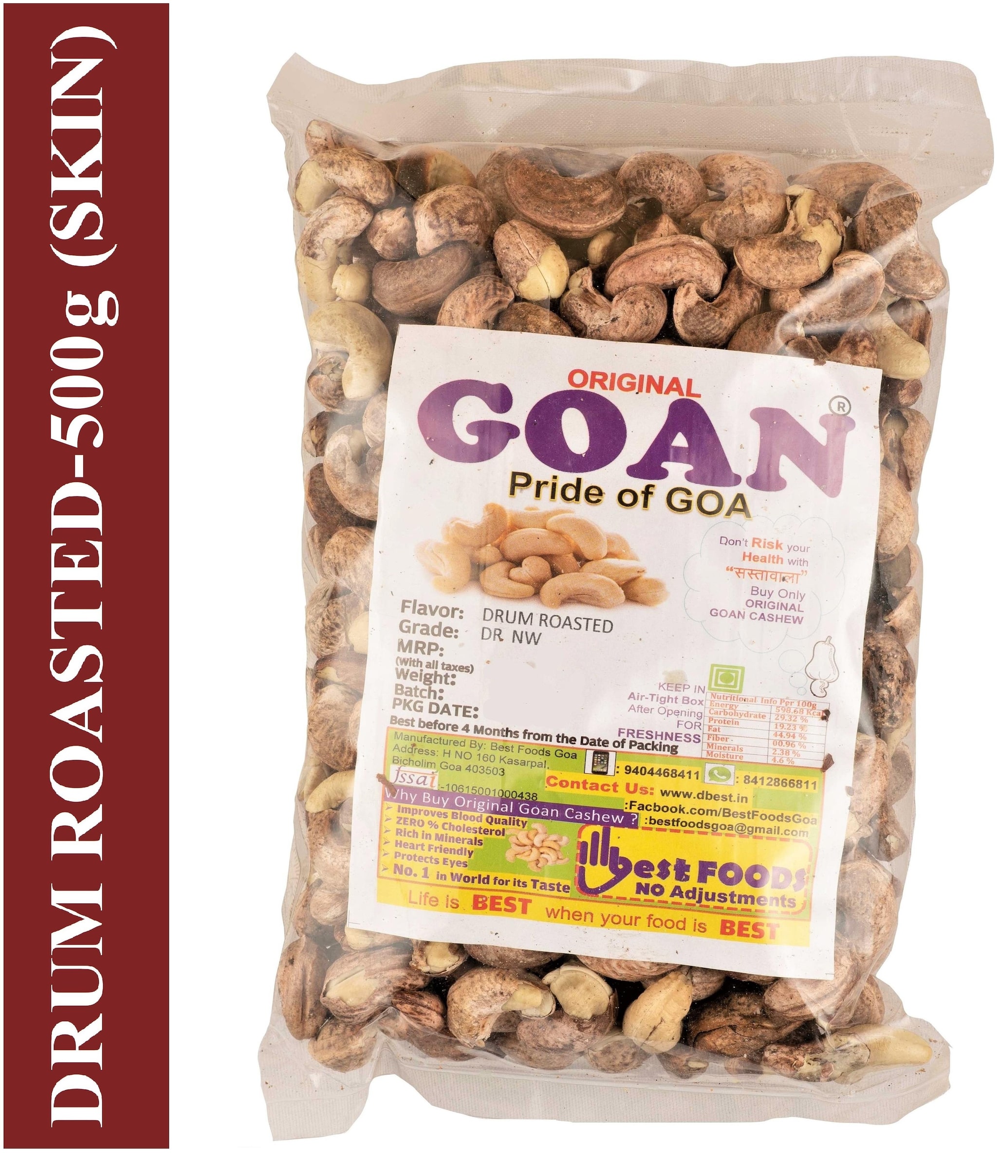 

Original Goan Drum Roasted Premium Cashews (SKIN) 500g Pack of 1