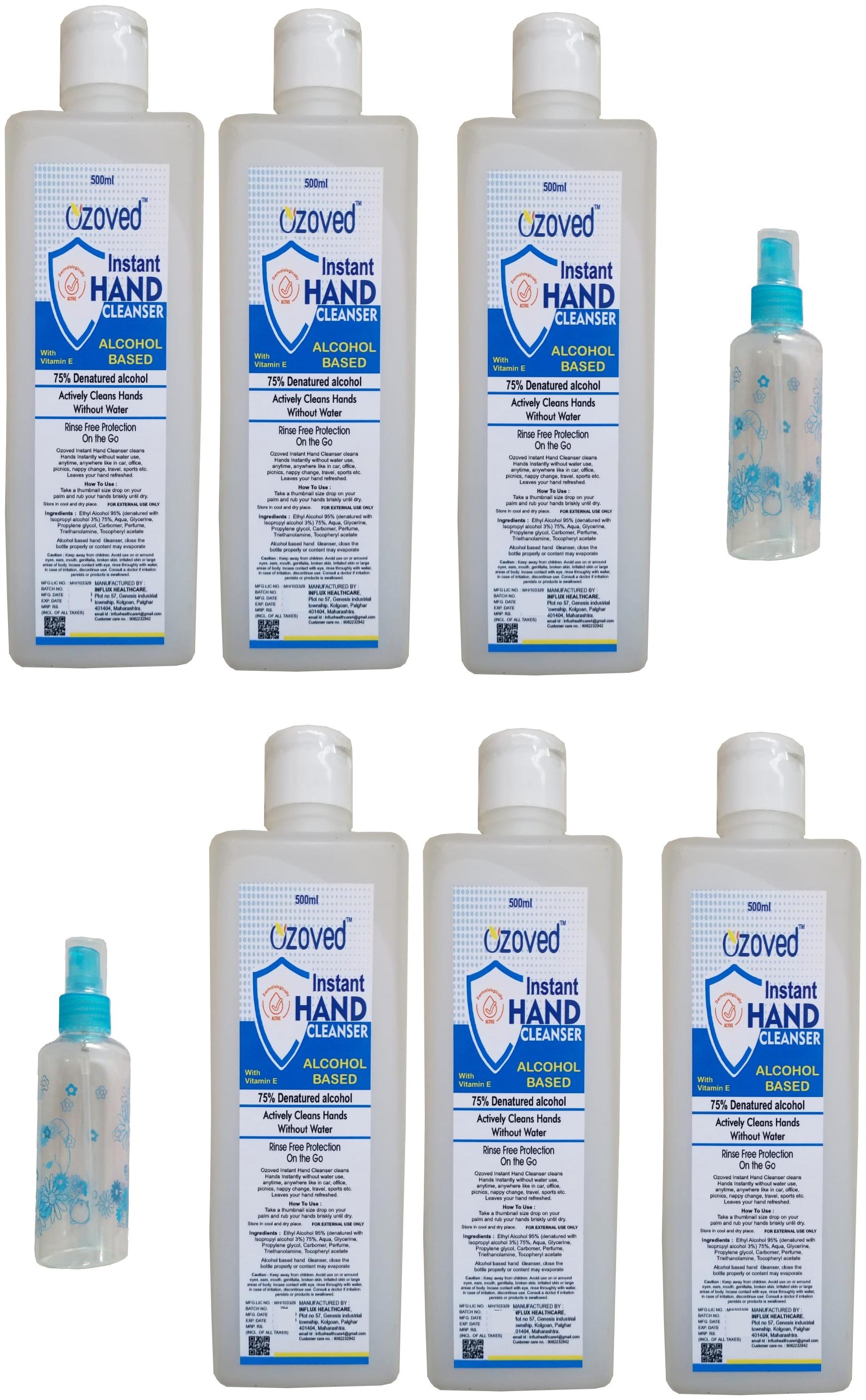 

Ozoved 75 Alcohol Instant Hand Cleanser 500 ml ( Pack of 6 ) and 2 Free Spray Bottles