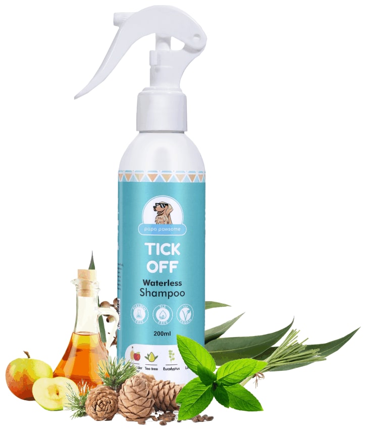 

Papa Pawsome - Tick off Dry Shampoo for Dogs Soft and Shiny Coat Waterless Bath - Ph Neutral Sulphate Free Natural Ingredients with No-Rinse Formulation Daily Use Body Spray - 200 ml