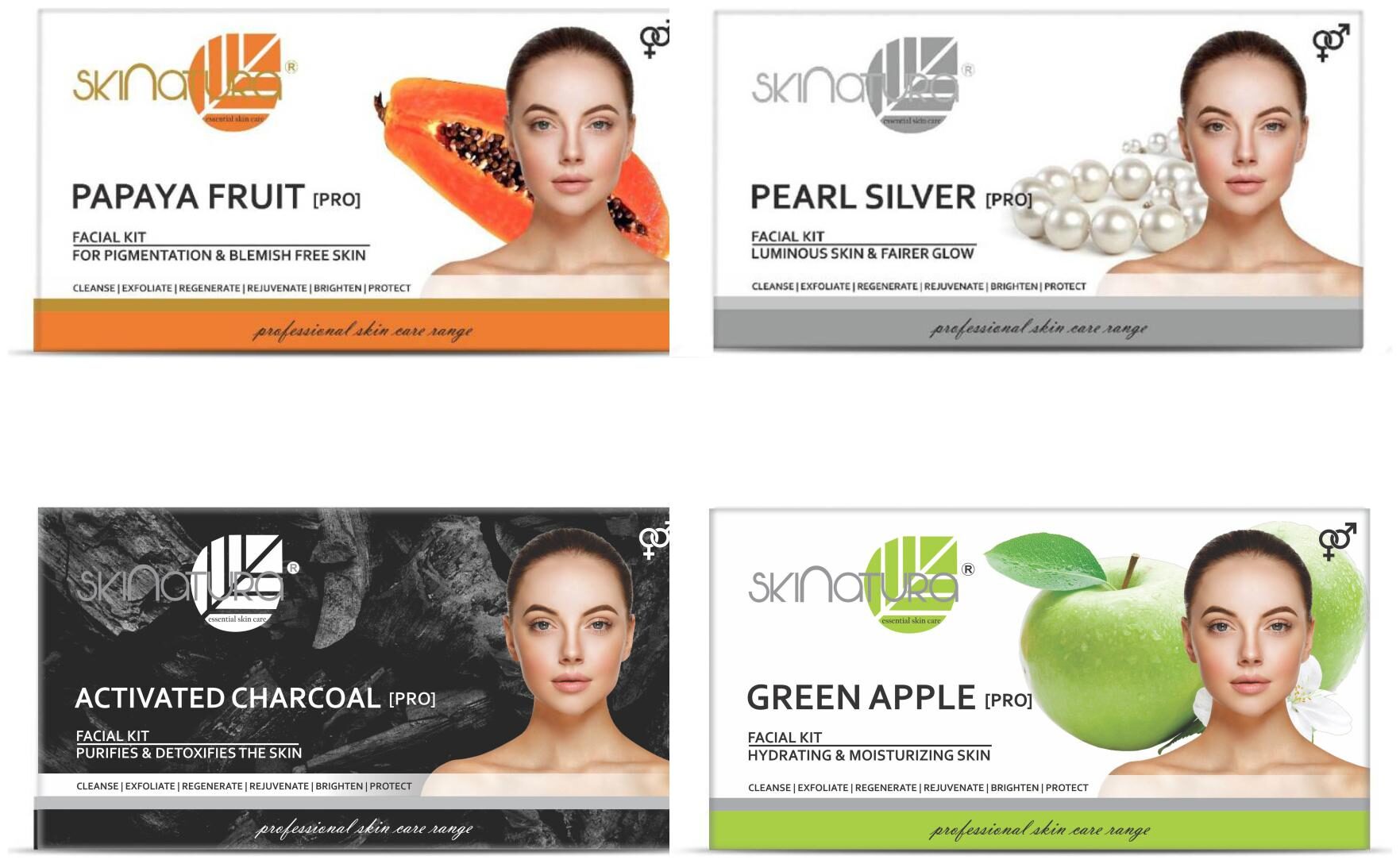 

Skinatura Papaya Fruit 115g Pearl Silver 115g Activated Charcoal 115g Green Apple Facial Kits 115g (Pack of 4)