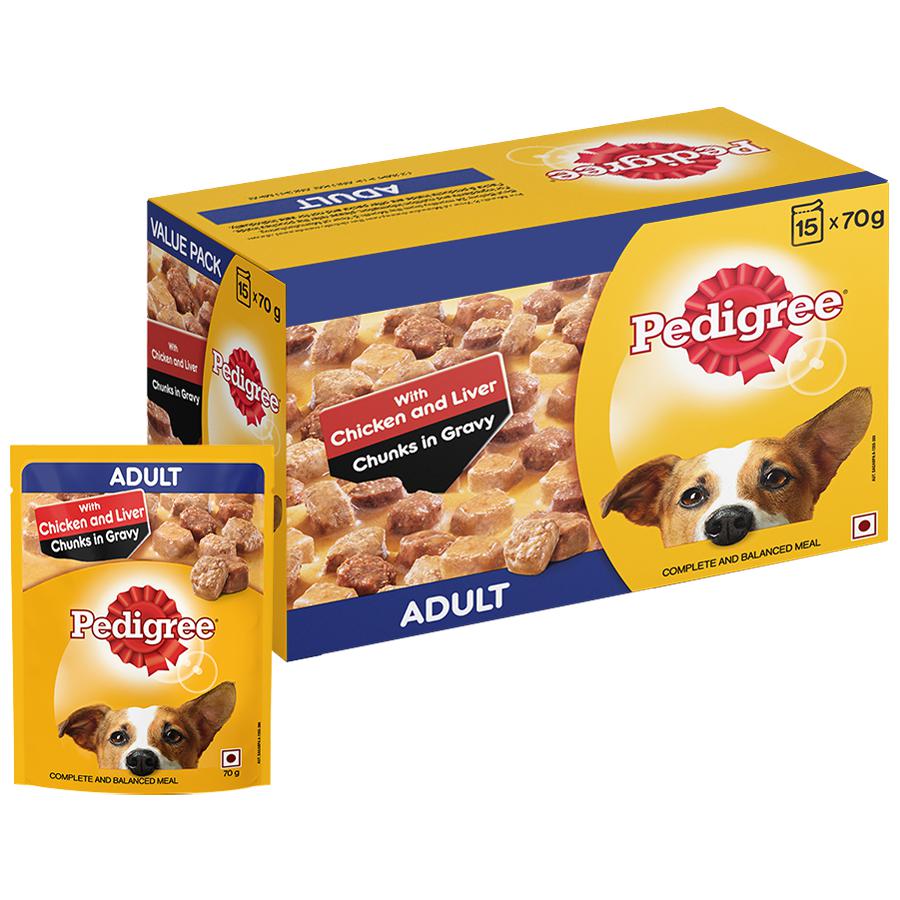 

Pedigree Adult Gravy Dog Food - Chicken Liver Chunks In Gravy 70 g (Pack of 15)
