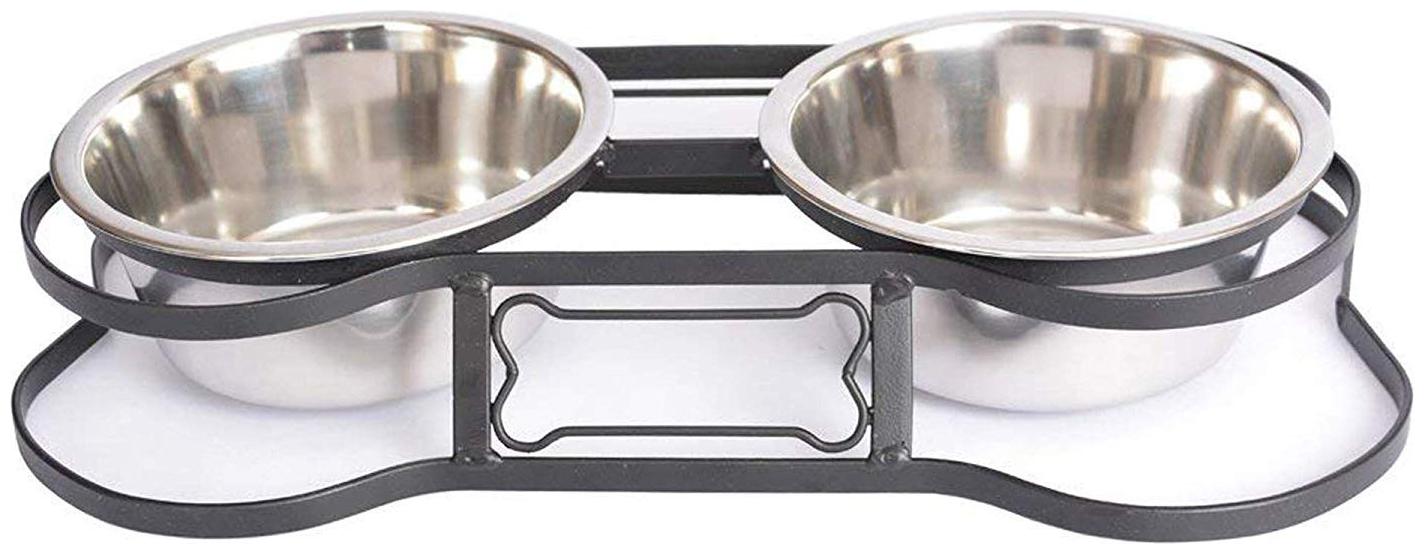 

Pets Empire Pet Dog Or Cat Stainless Steel Double Diner Elevated Bowl Set With Heavy Duty Bone Shaped Rim (Medium (450 ml x 2 Bowl)