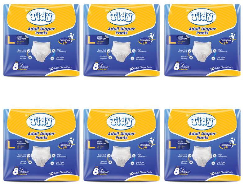 

PH Tidy Adult Pull Up Diaper Large(100-140 cm) Waist Size ( 40- 55) 10 pcs (Pack of 6)