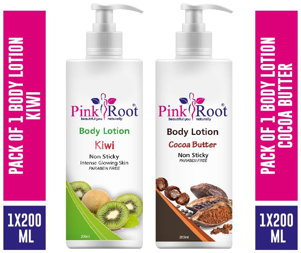 

Pink Root Body Lotion Kiwi 200ml with Body Lotion Cocoa Butter 200ml (Pack of 2)