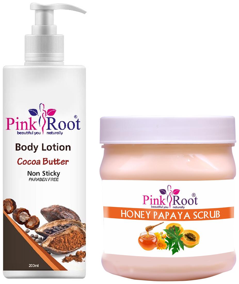 

Pink Root Cocoa Butter Body Lotion 200ml With Honey Papaya Scrub 500g
