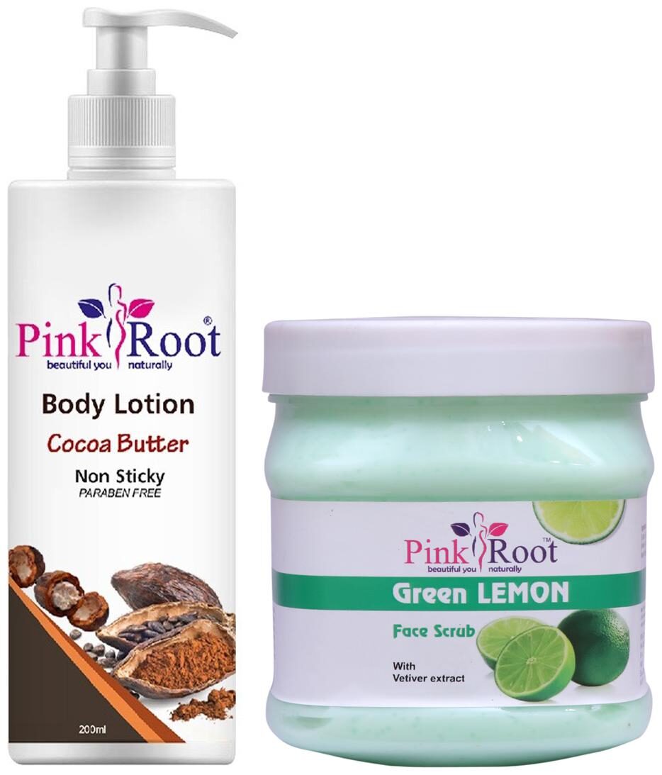 

Pink Root Cocoa Butter Body Lotion 200ml With Green Lemon Scrub 500g