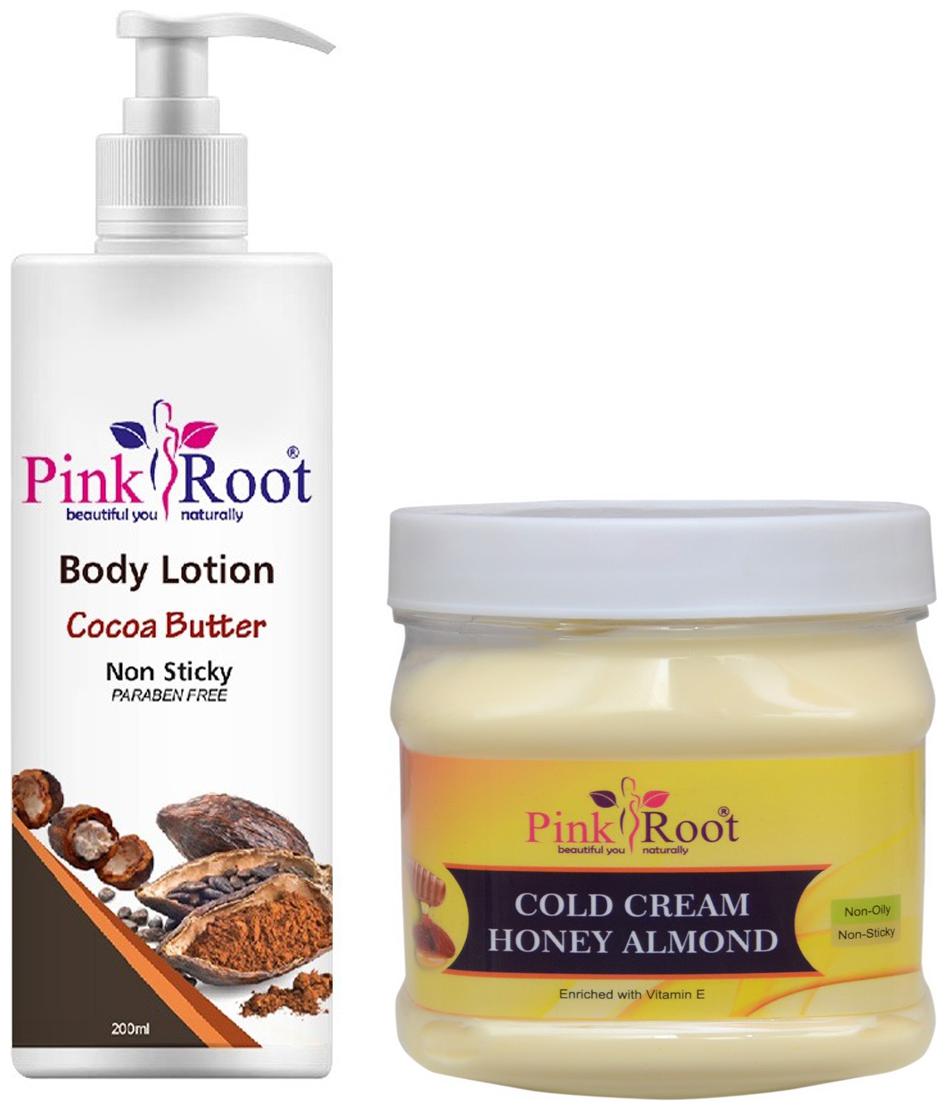 

Pink Root Cocoa Butter Body Lotion 200ml With Honey Almond Cold Cream 500g