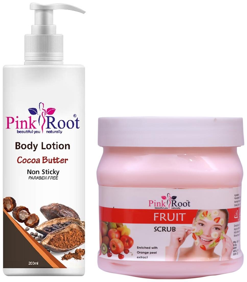 

Pink Root Cocoa Butter Body Lotion 200ml With Fruit Scrub 500g