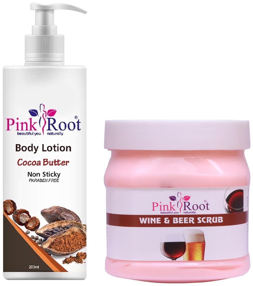 

Pink Root Cocoa Butter Body Lotion 200ml With Wine Beer Scrub 500g