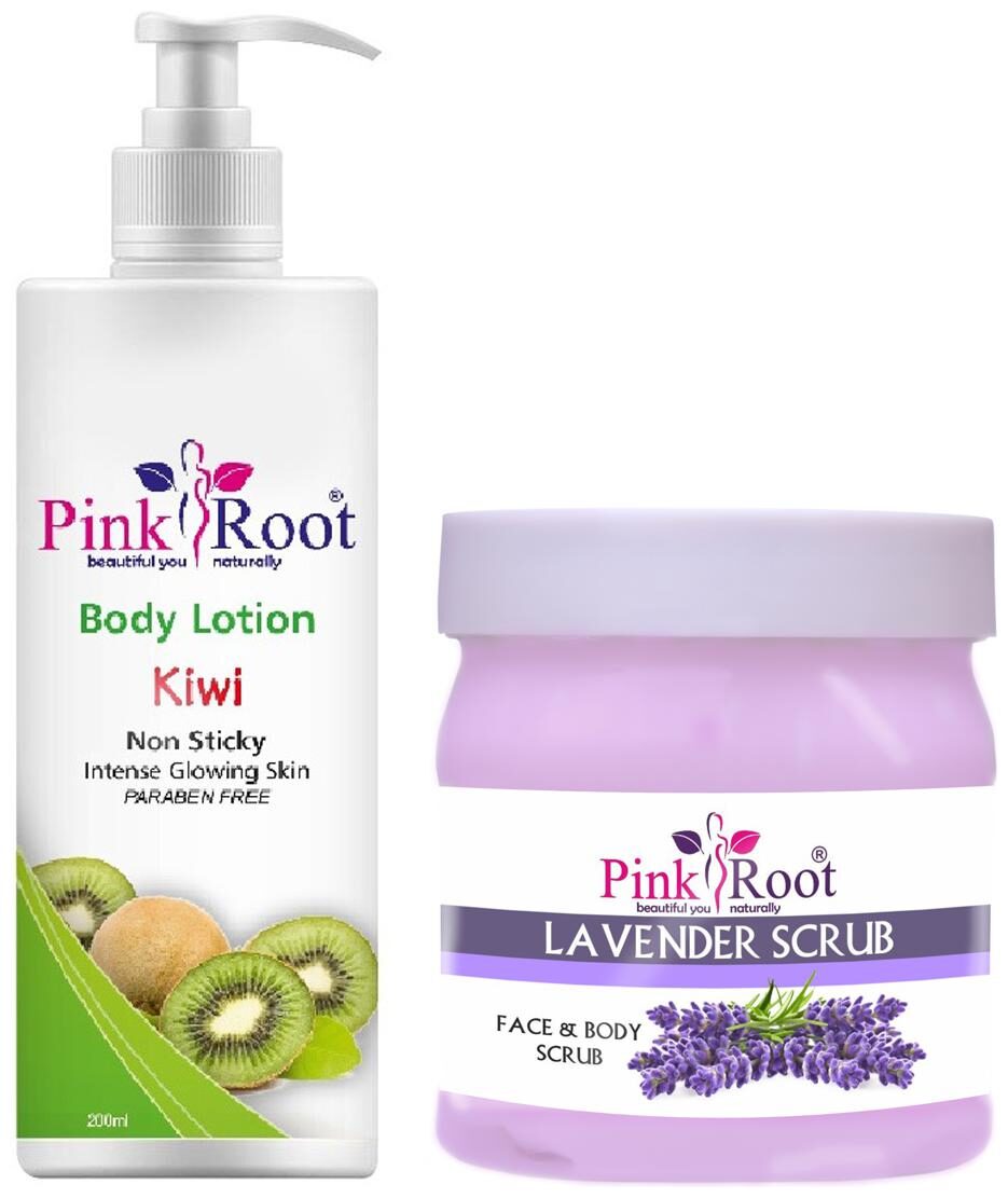 

Pink Root Kiwi Body Lotion 200ml With Lavender Scrub 500g