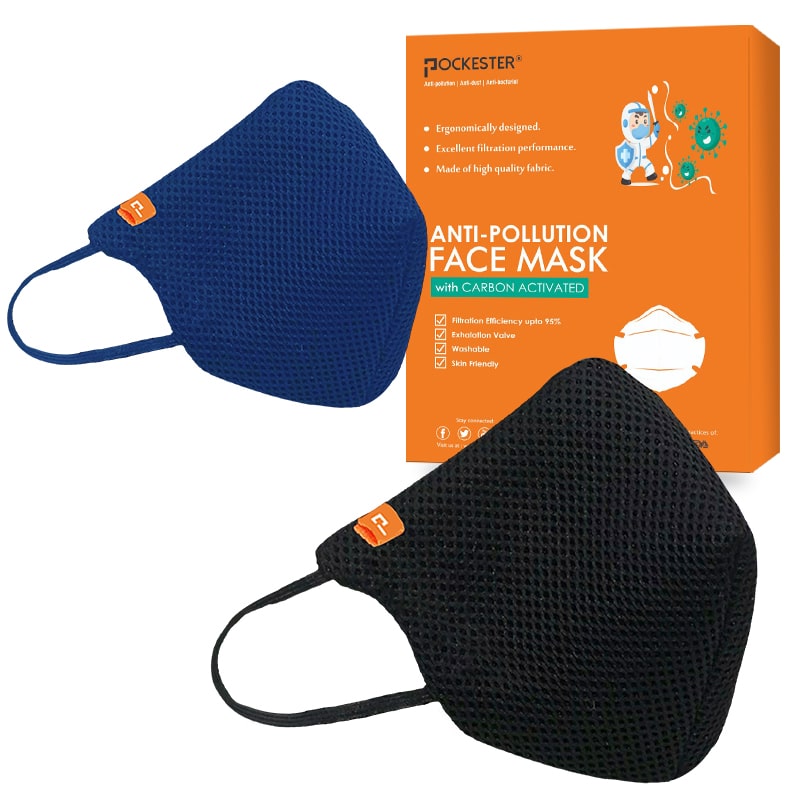

Pockester Face Mask With Earloop 5 Layer Mask -Black Blue (Pack of 2 )