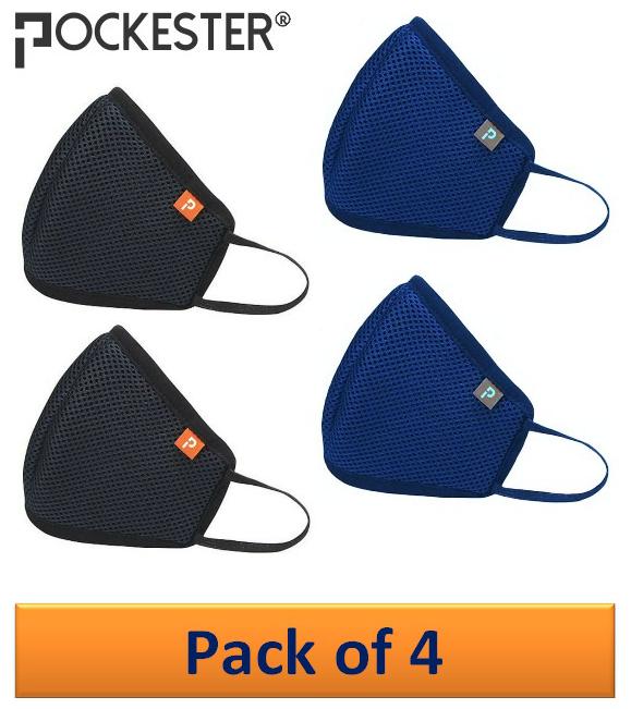 

POCKESTER Reusable Anti-Pollution Activate 6 Ply Mask - Black-Blue (Pack of 4)
