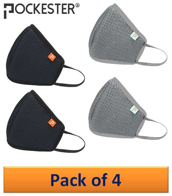 

POCKESTER Reusable Anti-Pollution Activate 6 Ply Mask - Black-Grey (Pack of 4)