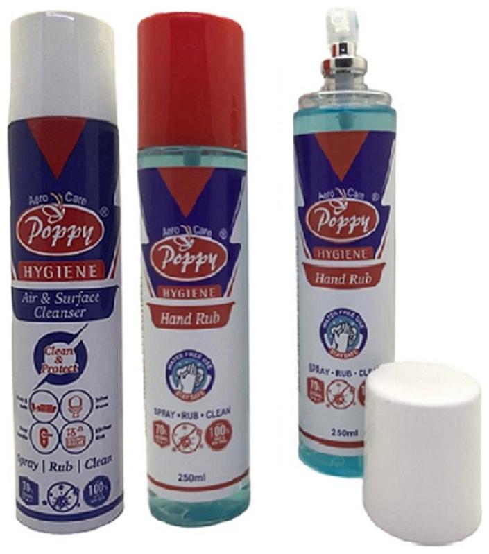 

Poppy - 70 Alcohol Based Hygiene Air Surface Disinfectant Cleaner 350ml Hand Rub Sanitizer 250ml (Pack of 3)