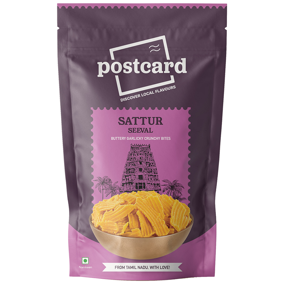 

Postcard Sattur Seeval Crunchy Garlic Flavoured Buttery Snack -90g(Pack of 2)