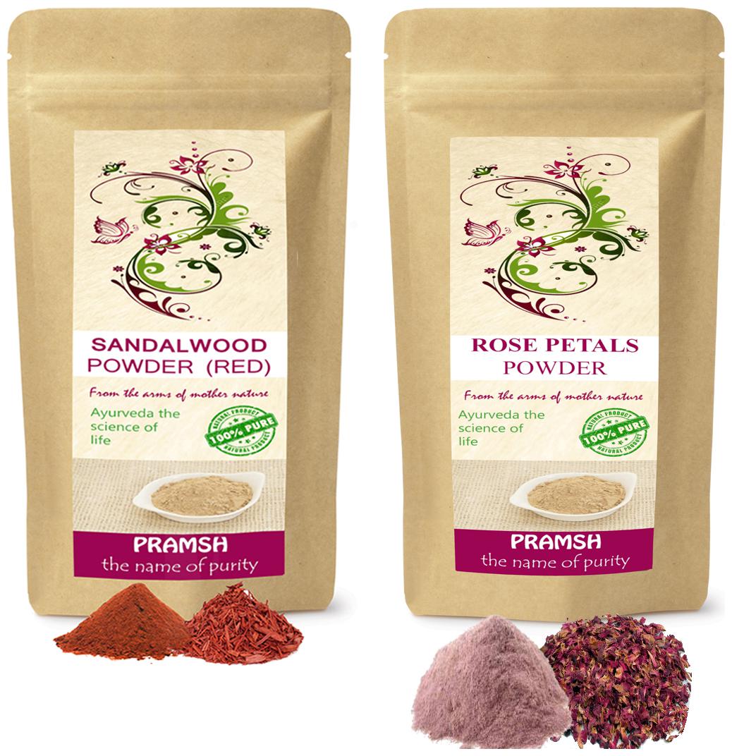 

Pramsh Traders Premium Quality Rose Petals 200g Red Sandalwood 400g Powder (Pack of 2)