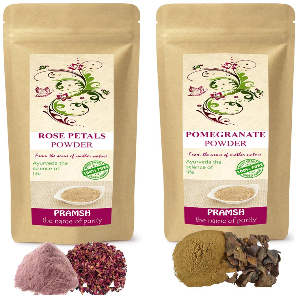

Pramsh Traders Premium Quality Rose Petals 400g Pomegranate 300g Powder (Pack of 2)