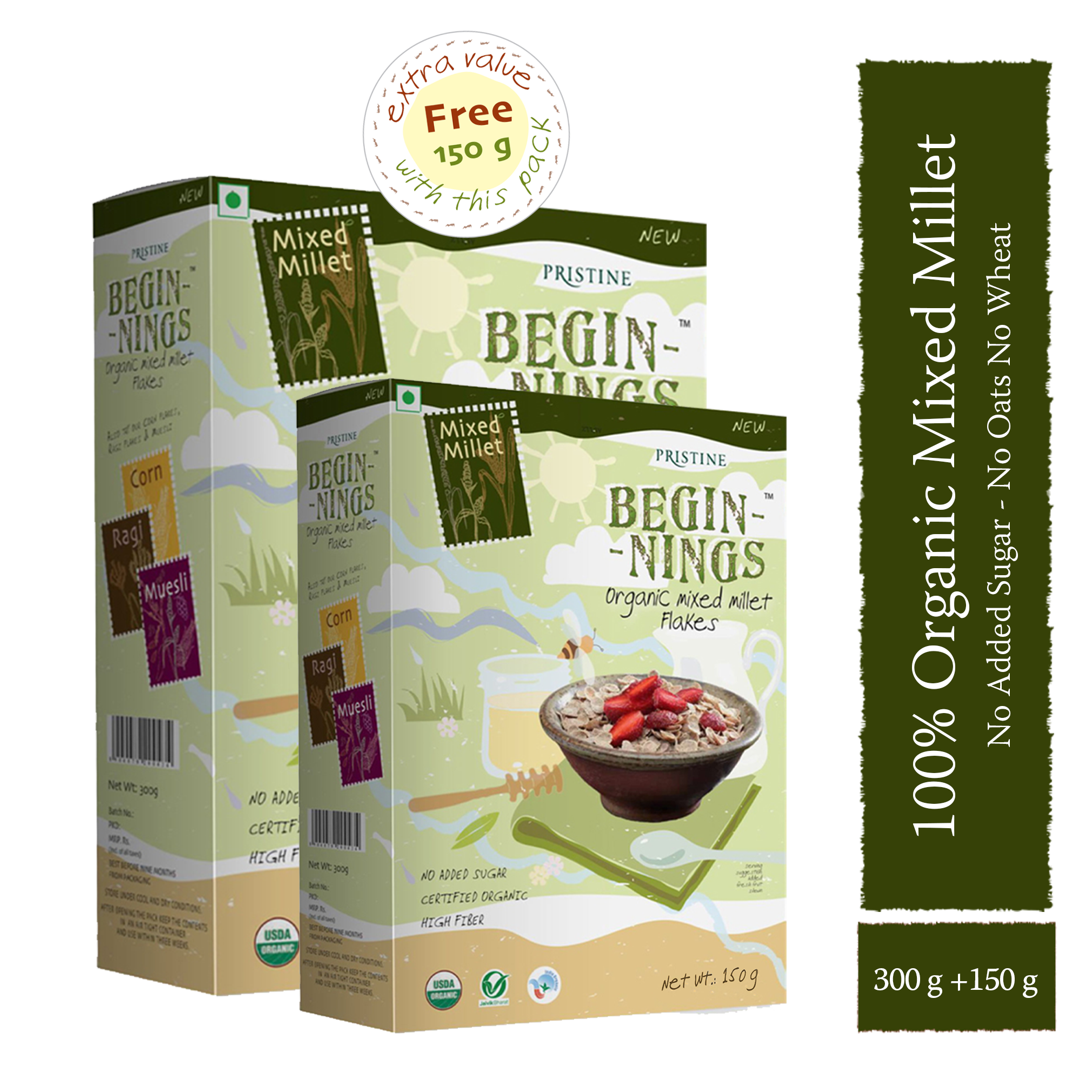 

Pristine Beginnings Organic Mixed Millet - Flakes 300g (Get 150g Free)