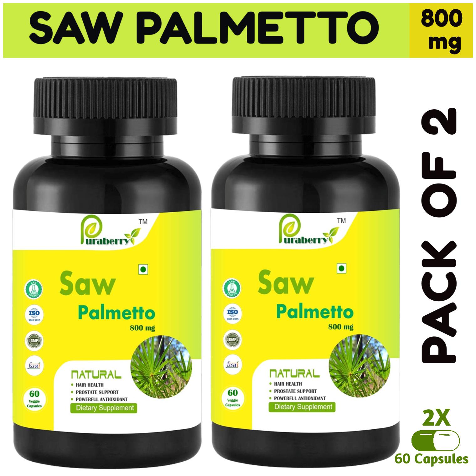 

Puraberry Extra Strength Saw Palmetto 100 Natural 800mg Extract for Prostate Health - Urinary Health - Supports DHT Blocker and Strengthens Maintain Healthy Hair - 60 Veg Capsules -Pack of 2