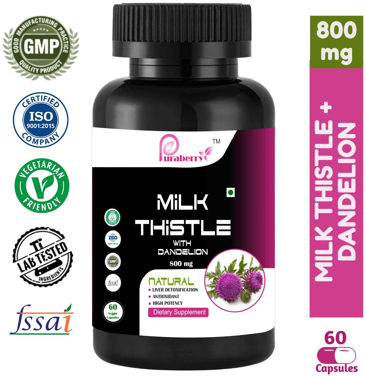 

Puraberry Extra Strength Milk Thistle Silymarin with Dandelion 800mg - Detox Supplement - Support Healthy Liver - Boost Immunity - 60 Vegetarian Capsules for Men Women