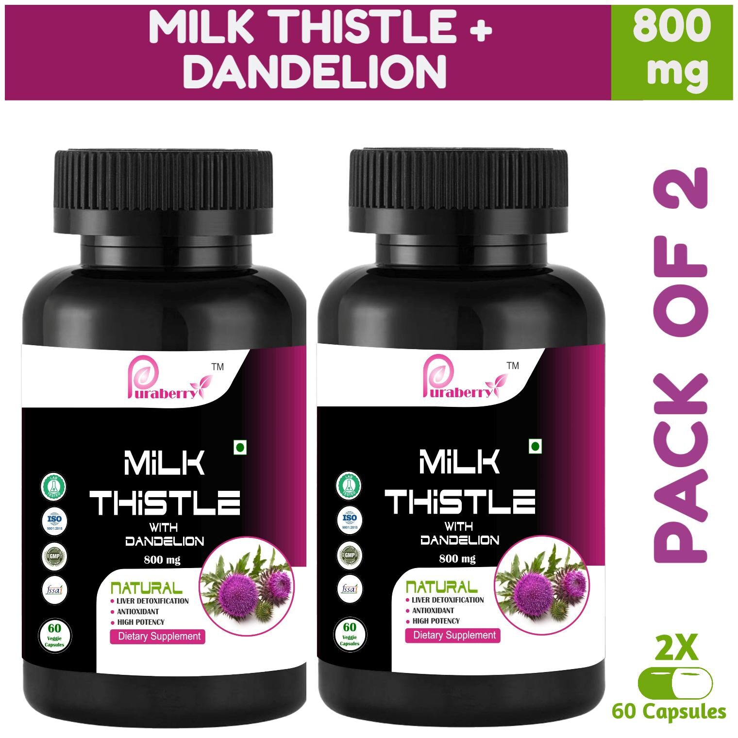 

Puraberry Extra Strength Milk Thistle Silymarin with Dandelion 800mg - Detox Supplement - Support Healthy Liver - 60 Vegetarian Capsules for Men Women (Pack of 2)