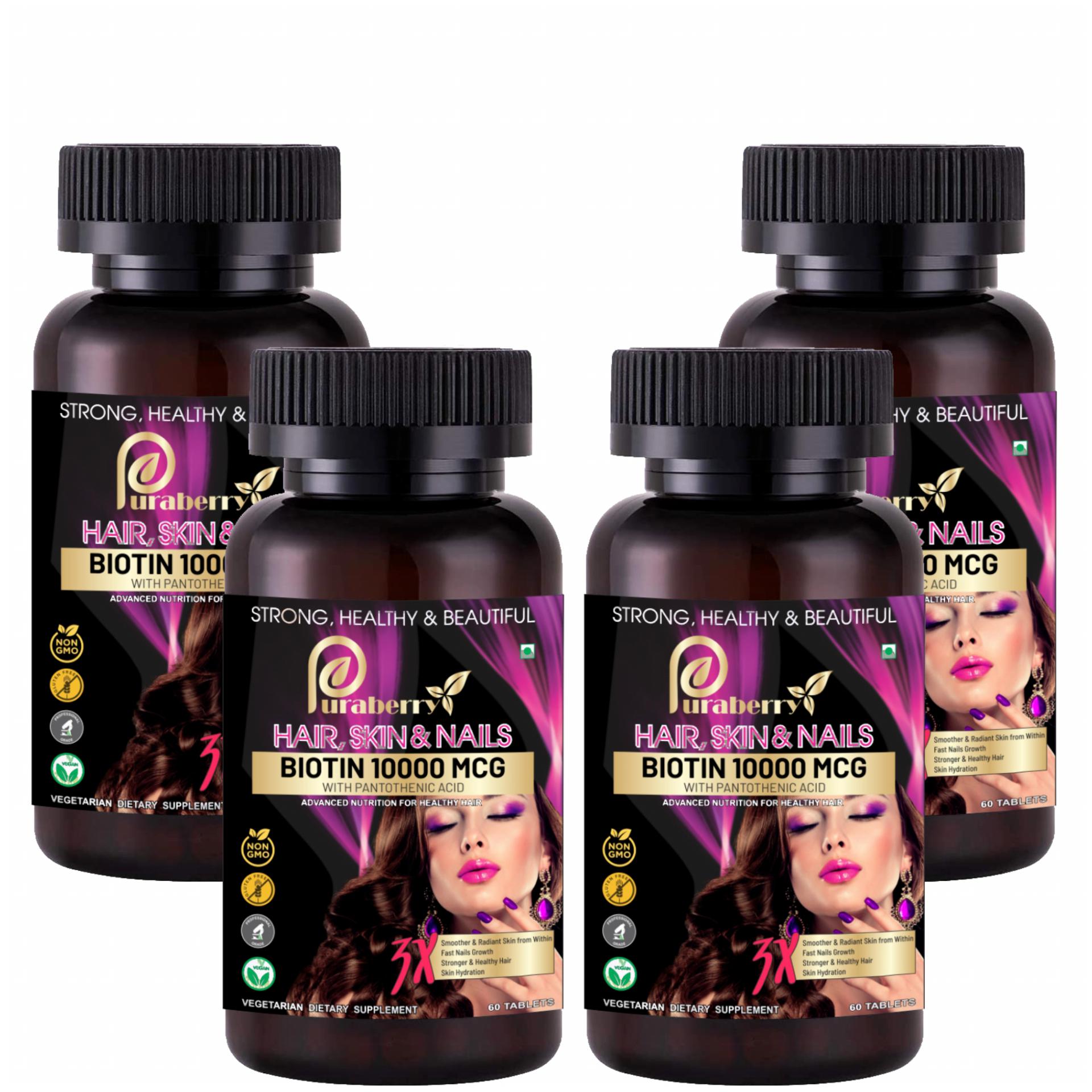 

Puraberry Hair Skin Nail Multivitamin with Biotin Folic acid Calcium Pantothenate Amino acid Zinc Hair Growth Strength Formula for Thicker Healthy Hair 60 Tablets (Pack Of 4)