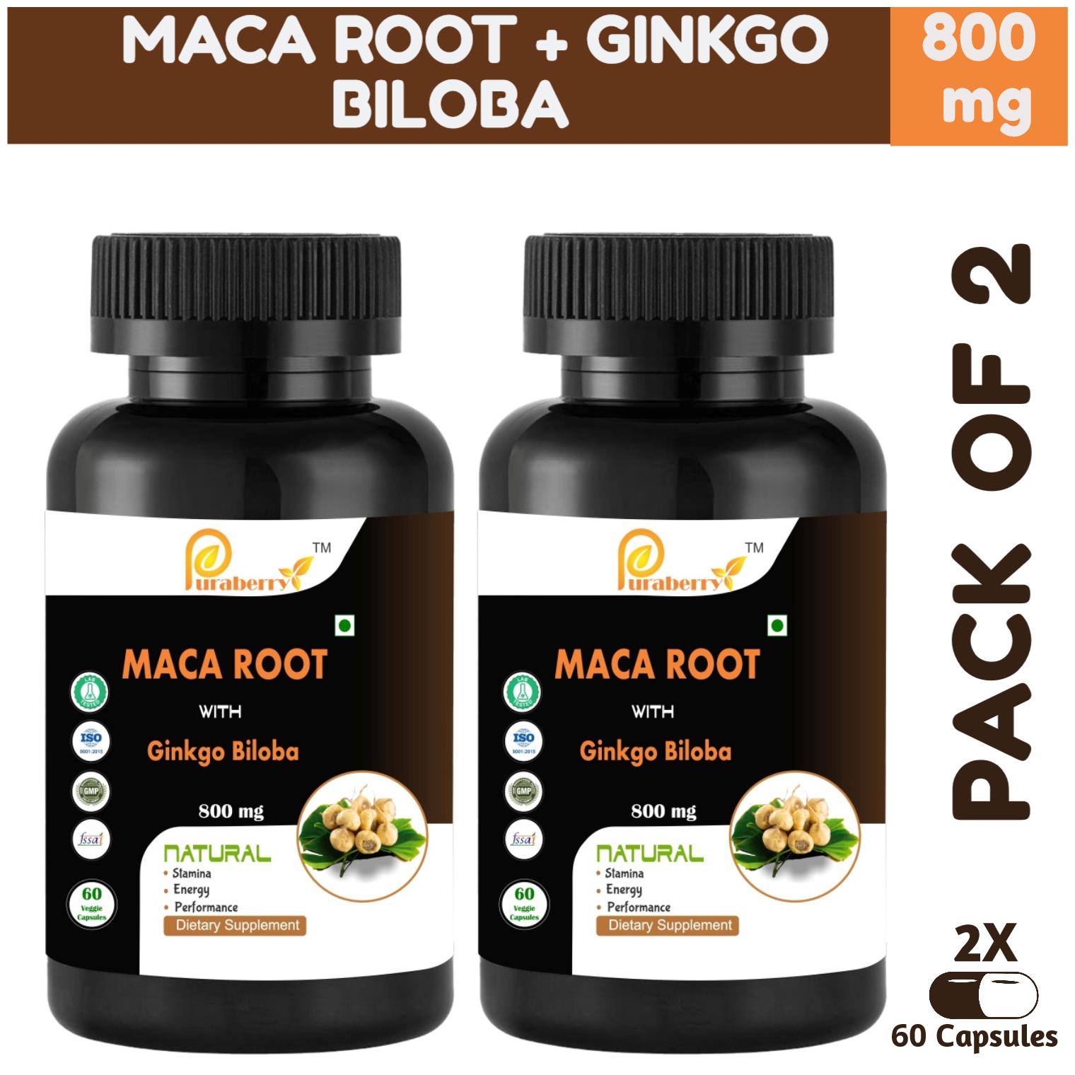 

Puraberry Maca Root Extract with Ginkgo Biloba 800mg - Natural Energy Booster Stamina Focus - Support Hormonal Balance - 60 Veg Capsules (Pack of 2)