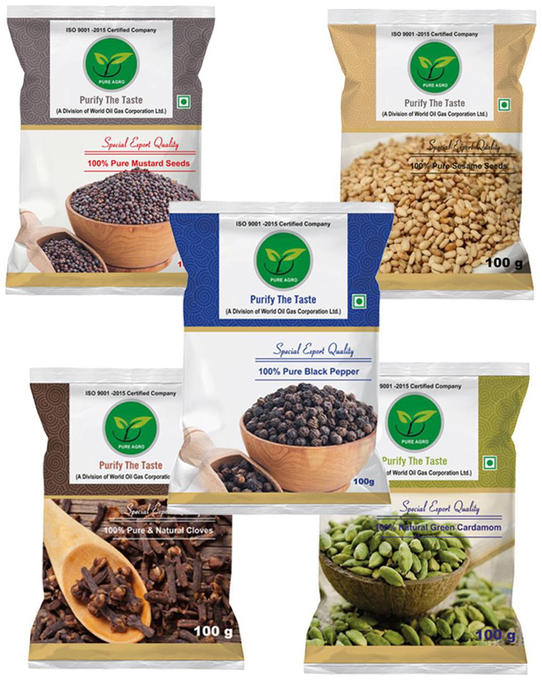 

Pure Agro Kitchen Masala Pack of 5 (Mustard Seeds Black Pepper Clove Green Cardamom Sesame Seed - 100 g Each )