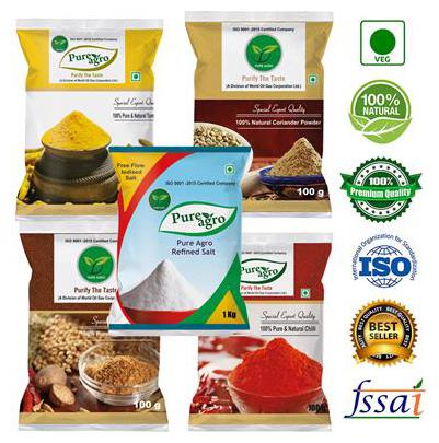 

Pure Agro Kitchen Masala Pack of 5 (Haldi Powder 100g Chilli Powder 100g Garam Masala 100g Dhaniya Powder 100g Salt 1kg )