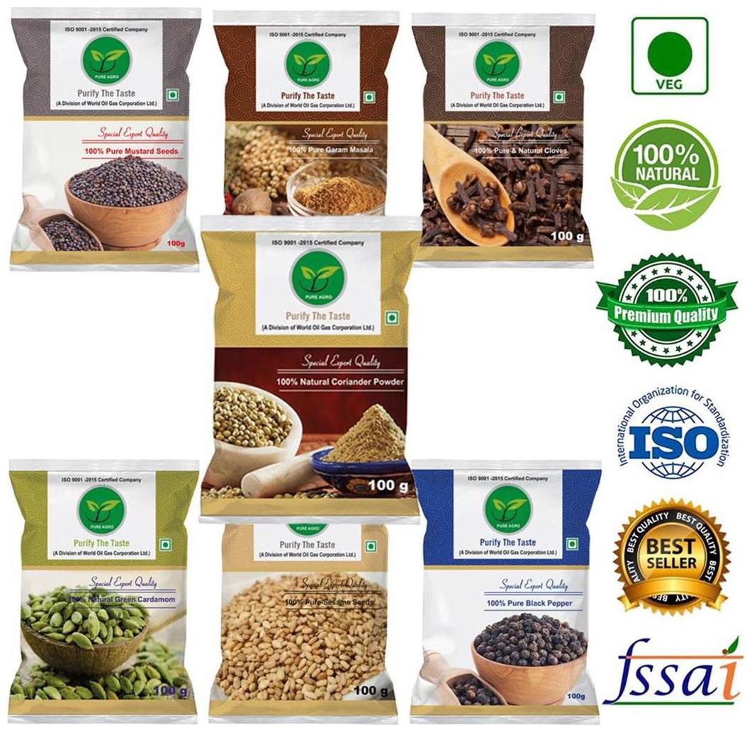 

Pure Agro Kitchen Masala Pack of 7 (Green Cardamom Garam Masala Clove Coriander powder Black Pepper Mustard Seeds Sesame seeds 100g each )