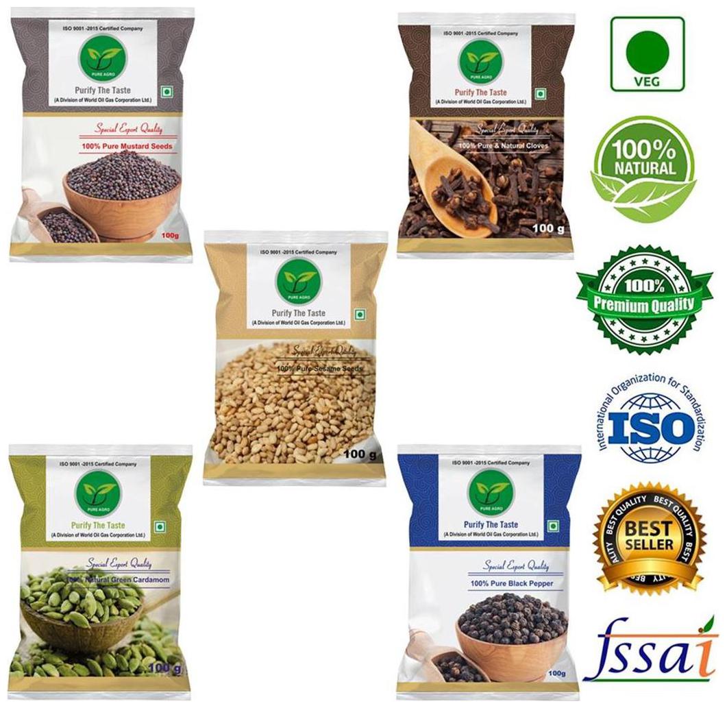 

Pure Agro Kitchen Masala Pack of 5 (Green Cardamom Clove Black Pepper Mustard Seeds Sesame seeds 100g each )