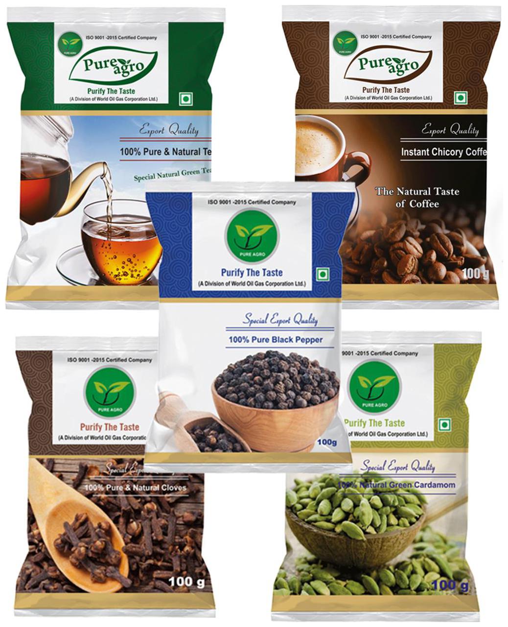 

Pure Agro Kitchen Masala Pack of 5 (Green Tea Coffee Black Pepper Clove Green Cardamom - 100 g Each )