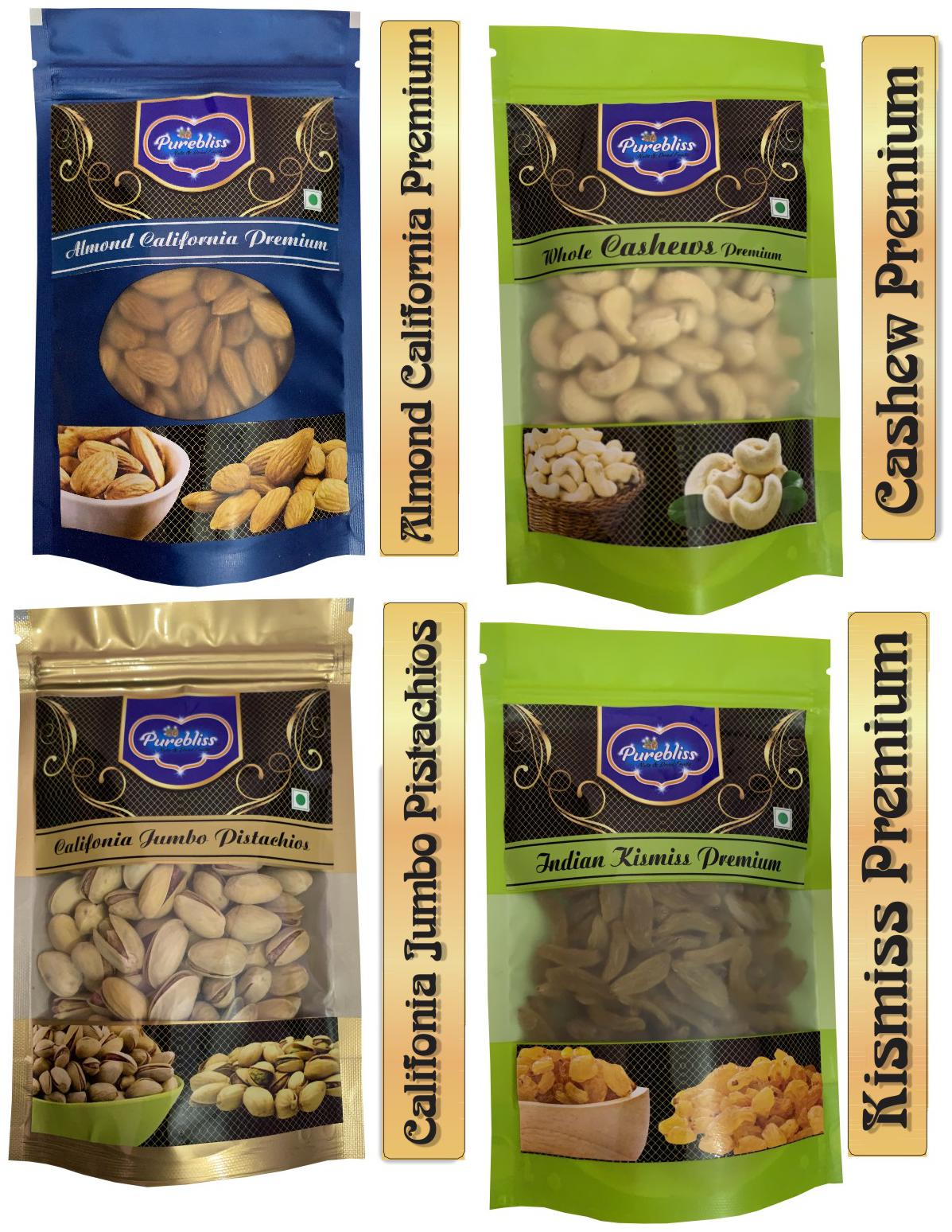 

Purebliss California Almond 200 g Cashew Nut 200 g Pistachios 200 g And Kishmish (Raisins) 200 g ( Pack of 4 )