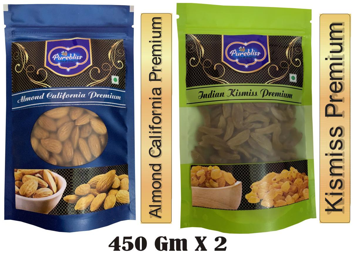 

Purebliss Dry Fruits Combo California Almond Kishmish (Raisins) Premium Quality 450 g Each ( Pack of 2 )