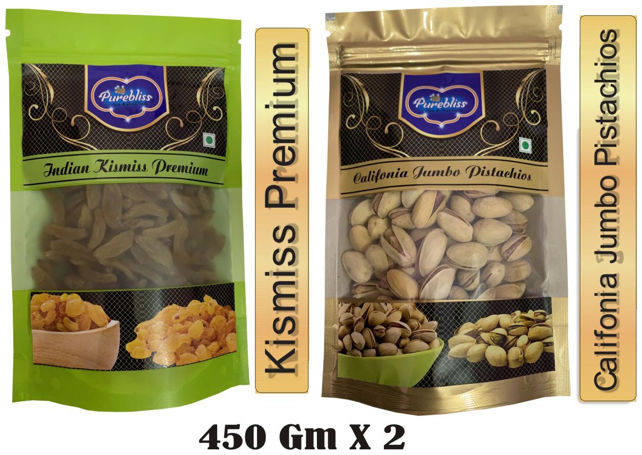 

Purebliss Dry Fruits Combo Kishmish (Raisins) Pistachios Premium Quality 450 g Each ( Pack of 2 )