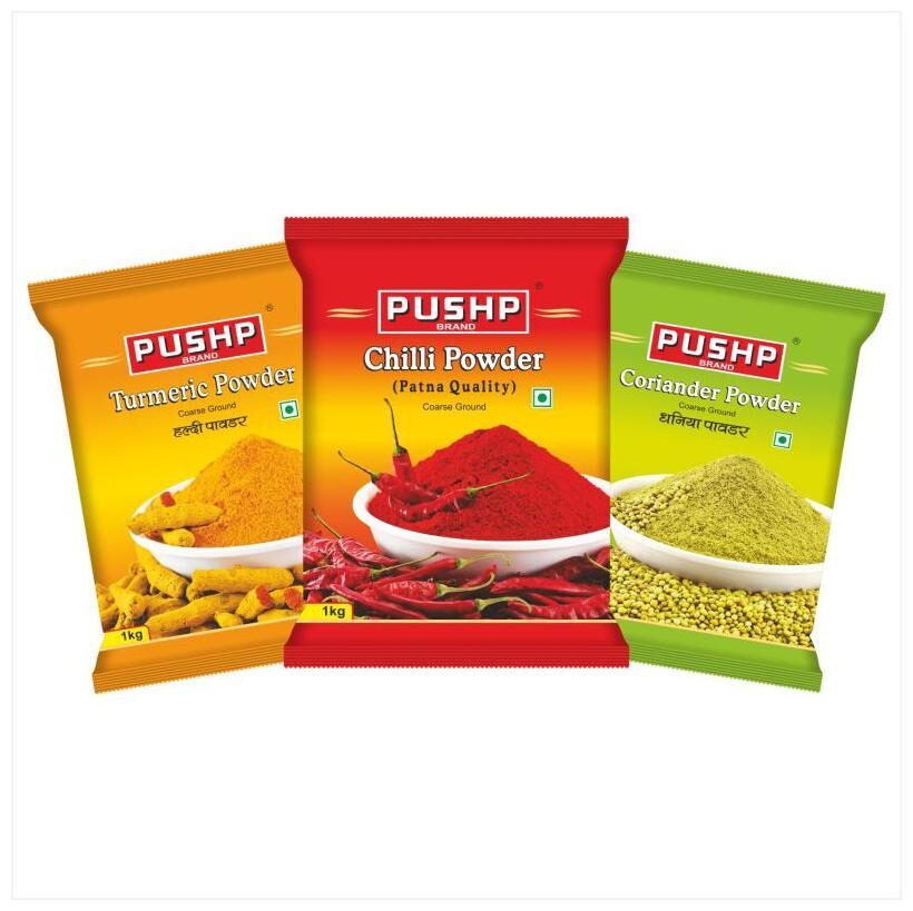 

Pushp Brand Chilli Powder (Patna Quality) Turmeric Powder Coriander Powder Combo Pack Pack of 3 (1kg each)