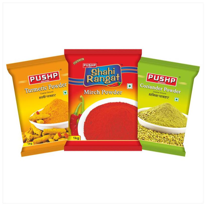 

Pushp Brand Chilli Powder (Shahi Rangat) Turmeric Powder Coriander Powder 1 kg each (Pack of 3)