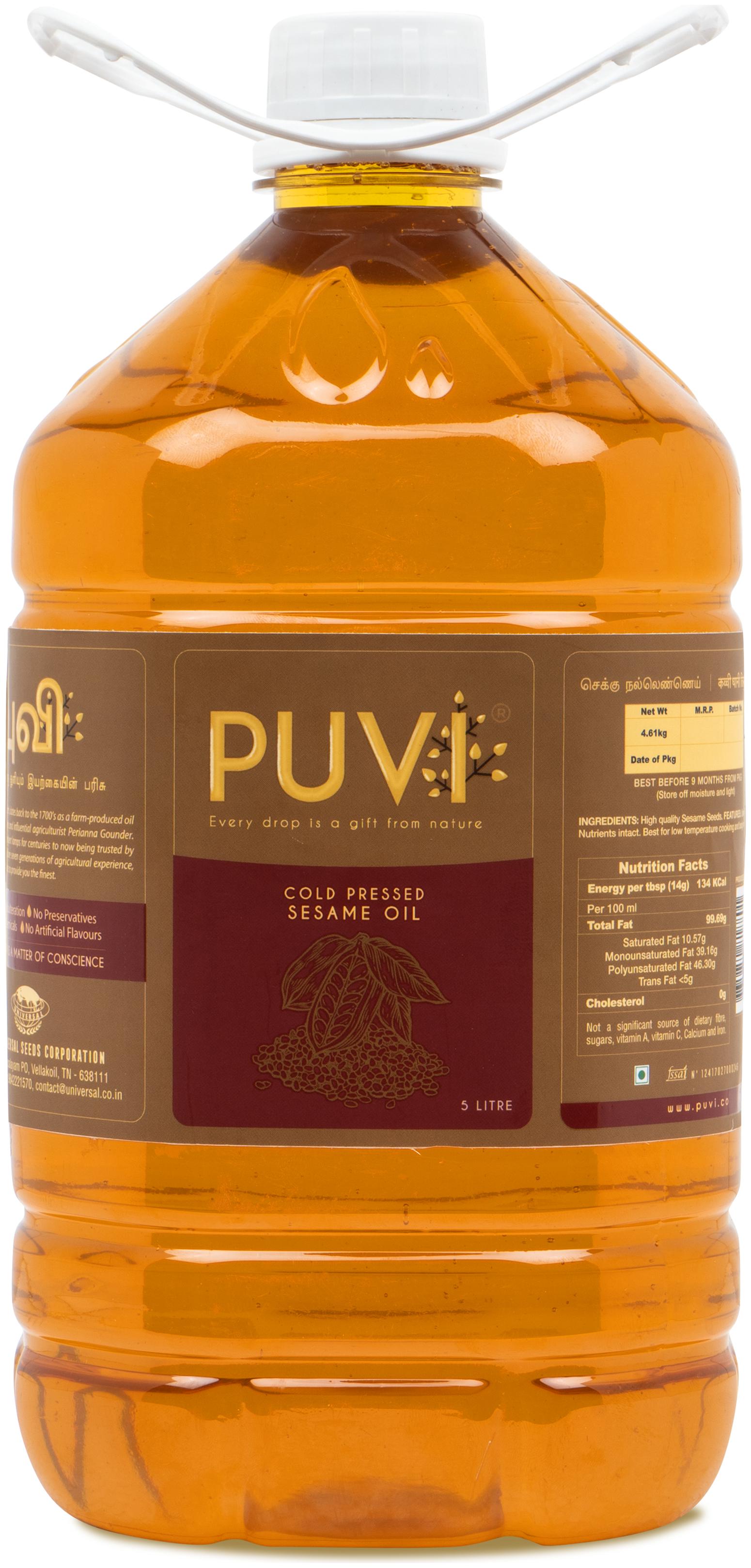 

Puvi Cold Pressed Gingelly Sesame Oil Virgin Chekku Ghani 5 L (Pack Of 1)