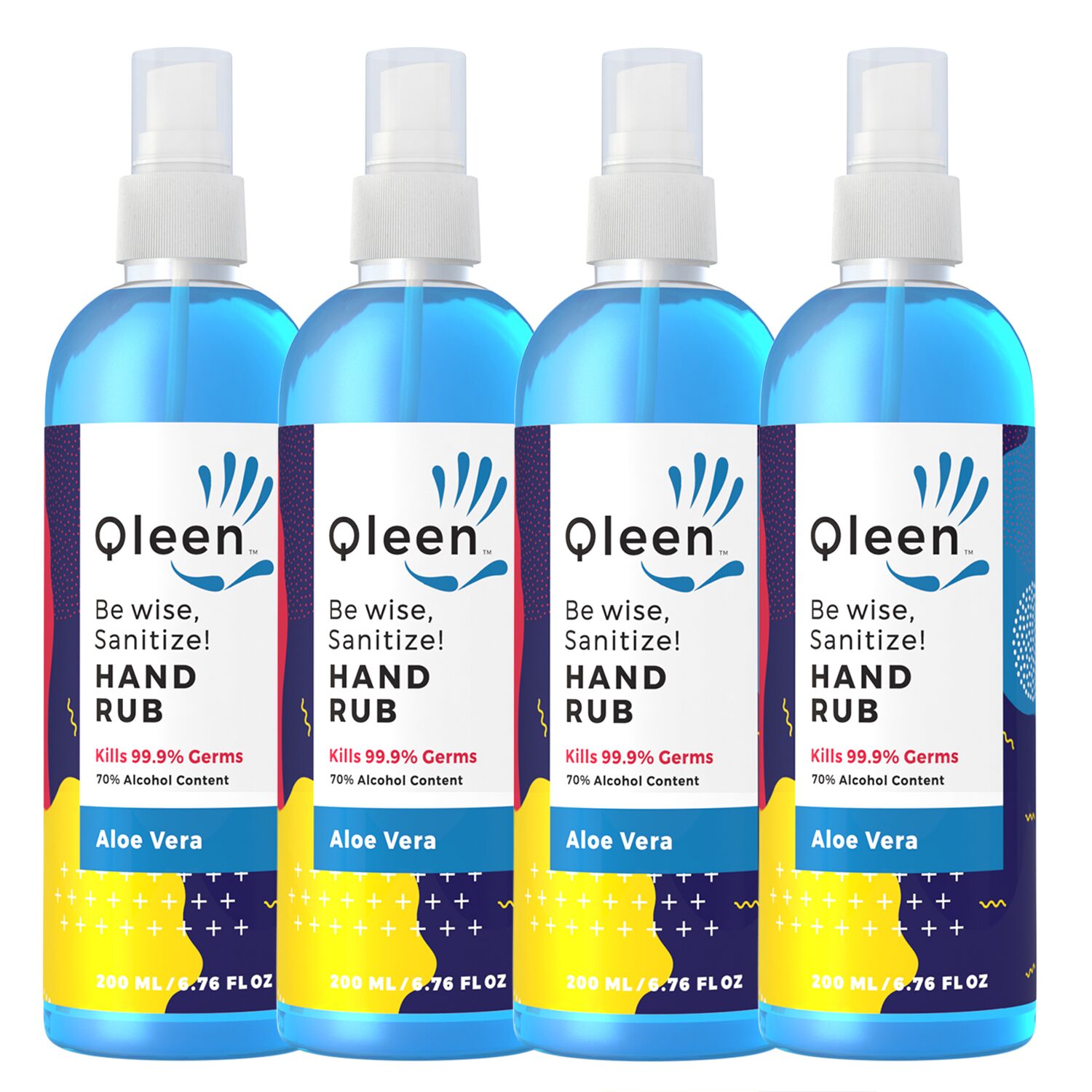 

Qleen Waterless Hand Sanitizer Rub With Mist Pump Spray 200ml 70 Isopropyl Alcohol Based Instant Germ Protection Sanitizing Rub Rinse Free Palm Cleaner Handrub PACK OF 4