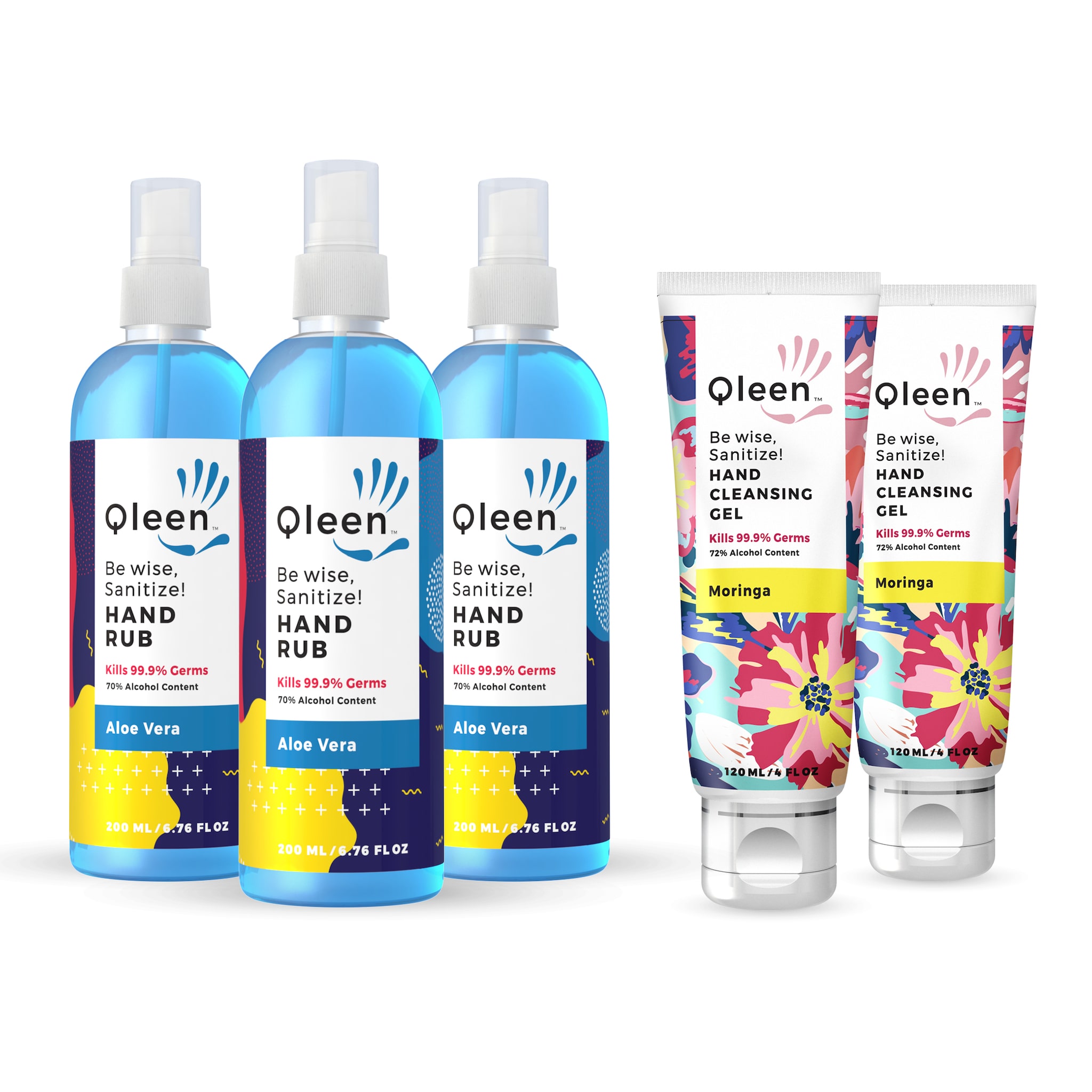 

Qleen Waterless Hand Sanitizer 70 Isopropyl Alcohol Based With 3 Rub Mist And 2 Gel Tube Rinse Free Palm Cleaner Handrub (PACK OF 5)