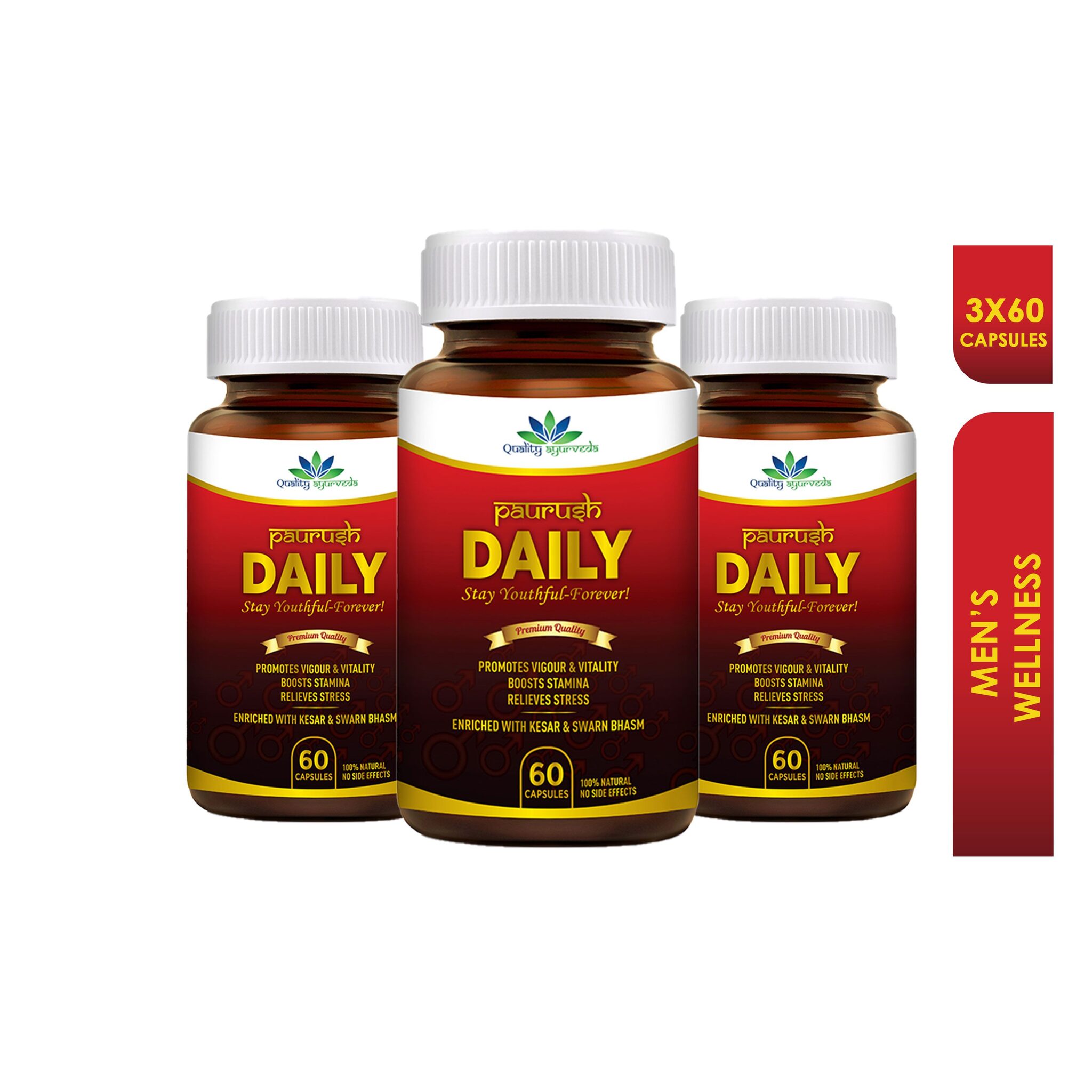

Quality Ayurveda 100 Premium Paurush Daily With Shilajit Gold Extract For Men s Wellness Boosts Energy Relieves Stress 180 Capsules (Pack of 3)