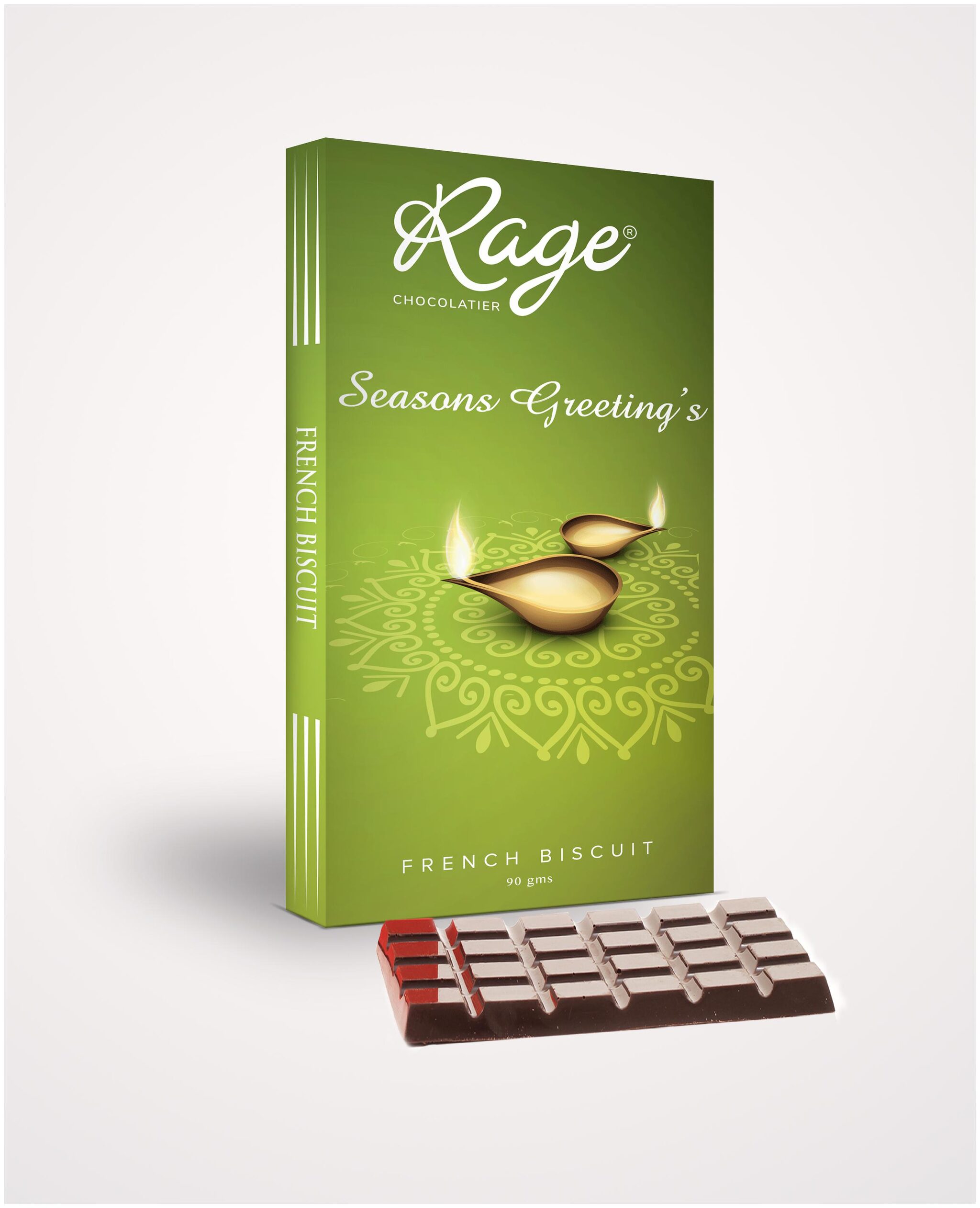 

Rage Chocolatier Happy Diwali with Green Packaging French Biscuit Chocolate Bar-90g