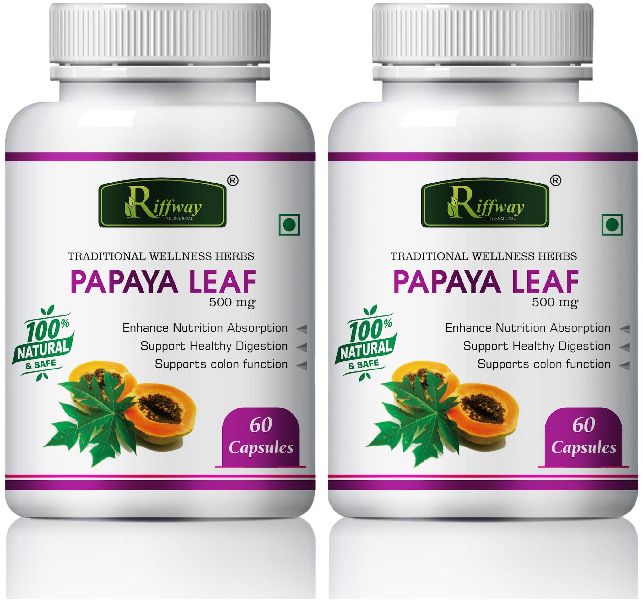 

Riffway Papaya Leaf Herbal Capsules For Treats Dengue and Malaria 100 Ayurvedic-60 Capsules Each(Pack of 2)