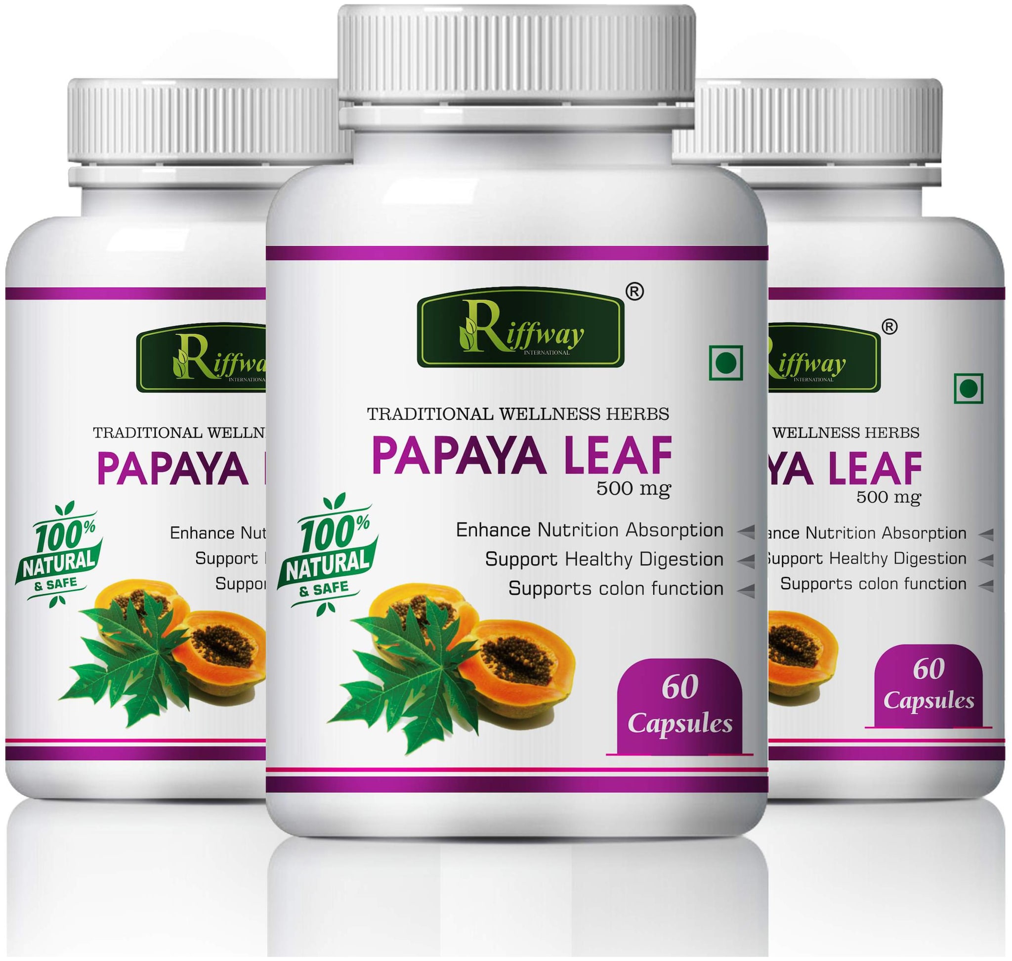 

Riffway Papaya Leaf Herbal Capsules For Treats Dengue and Malaria 100 Ayurvedic-60 Capsules Each(Pack of 3)