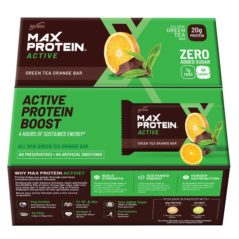 

RiteBite Max Protein Active Green Tea Orange Bars Pack of 1 (70g x 12 Bars)