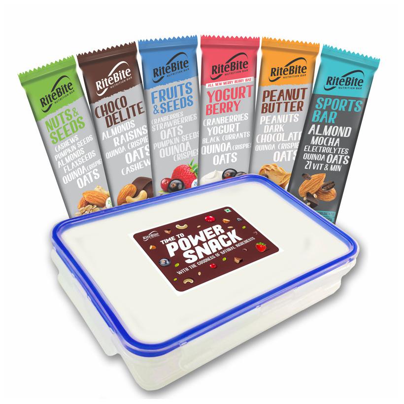 

RiteBite Nutrition Tiffin with Assorted Bar (2 Choco Delite 2 Yogurt Berry 2 Peanut Butter 2 Fruits Seeds 2 Nuts Seeds 2 Sports Bar) pack of 12