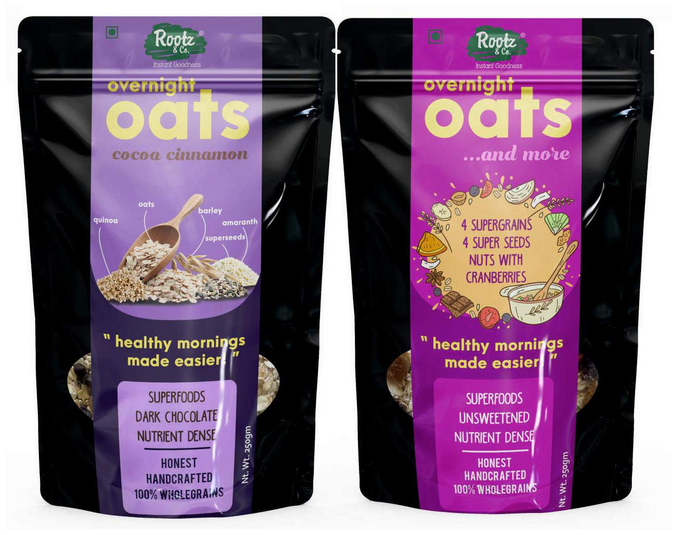 

Rootz Co Overnight Oats Healthy Muesli Combo Offer in 2 Variants Cocoa Cinnamon Oats More Rolled Oats Multigrains Seeds and Nuts - Ancient Grains and Superseeds 250g (Pack Of 2)